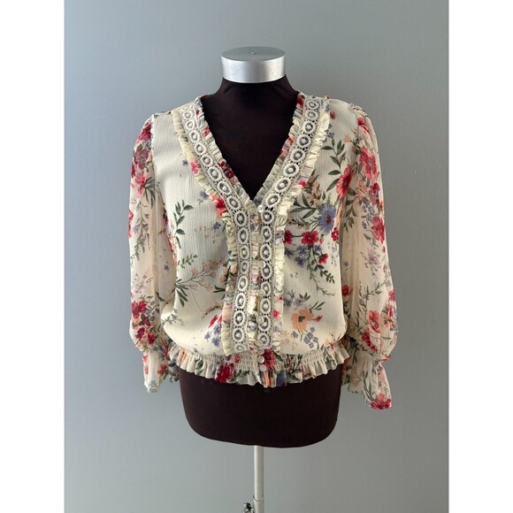 Venus Floral Blouse Size 2 Oversize Lace Flounce Sleeve Milkmaid Prairie (M) - Picture 2 of 16